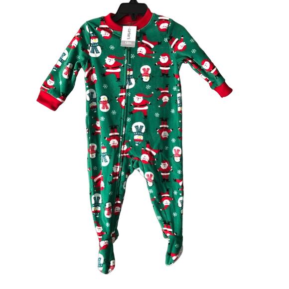 Carter's Green Red Santa Snowman Christmas Holiday Full Zip Fleece Footie Pajama - Picture 1 of 4